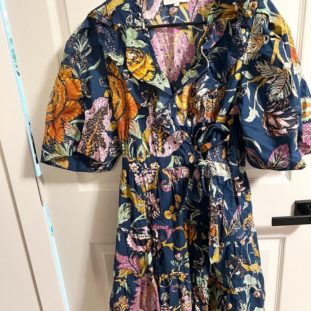 House of Harlow 1960 Floral Tropical Print Navy Blue Puff Sleeve Wrap Dress L - Picture 8 of 8